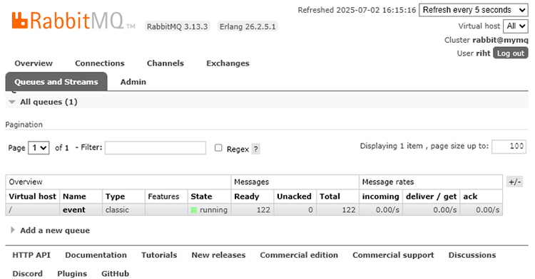 図 4 RabbitMQのeventキューでメッセージを受信した結果