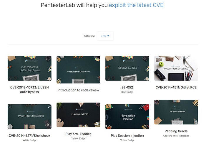 PentesterLabのエクササイズ一覧ページ