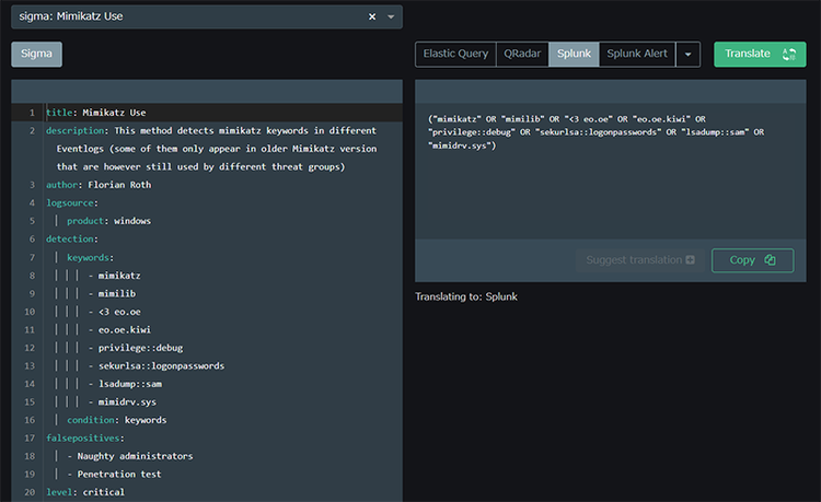 図5.「Unicoder.io」の「Sigma」ルールのテンプレート画面（mimikatzの検出）