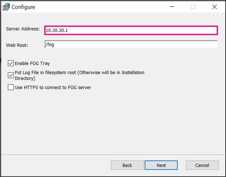 図 51 FOG ClientインストーラのServer Address設定