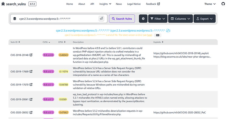 図 4 search_vulns検索結果（wordpressのバージョン5に関する検索）