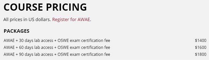 （https://www.offensive-security.com/awae-oswe/#pricing）より（2020年9月24日時点）