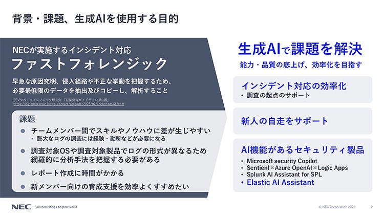 図 3：背景・課題、生成AIを使用する目的（講演資料より）