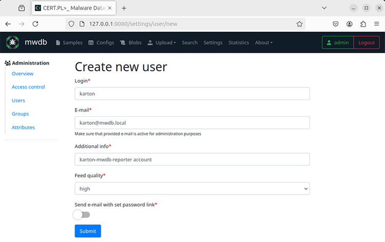図9: MWDBのユーザ登録ページ