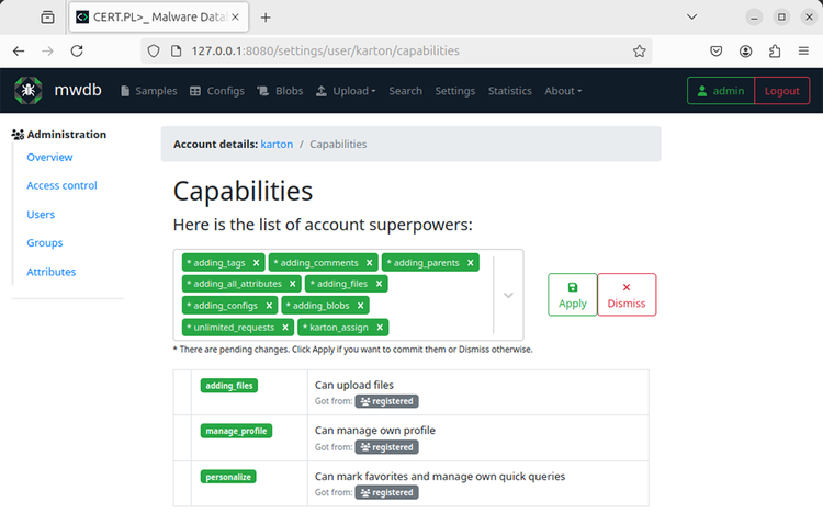 図10: MWDBのkartonユーザのアクセス権限設定ページ
