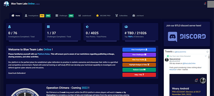 図1. BLUE TEAM LABS ONLINEのダッシュボード