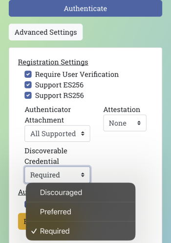 図 3 Advanced SettingsにてDiscoverable CredentialをRequiredに設定