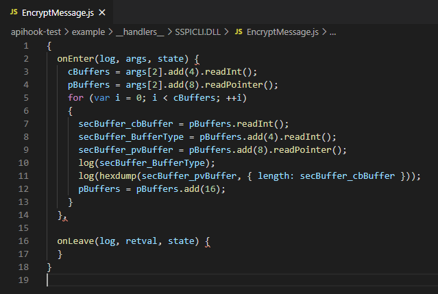 図3. APIフックスクリプトでEncryptMessage APIの引数をlogに出力