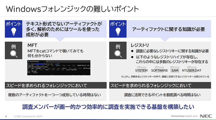 図 1：Windowsフォレンジックの難しいポイント（講演資料より）