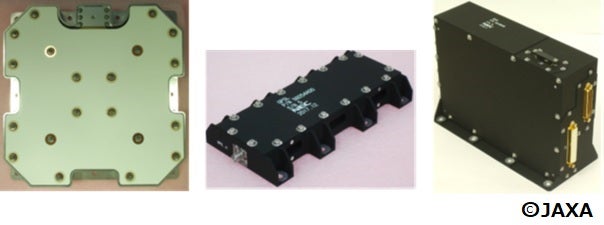 図1：光データ中継衛星搭載静止用GPS受信機のフライトモデル（左から、GPS受信機のアンテナ、ローノイズアンプ、信号処理装置）